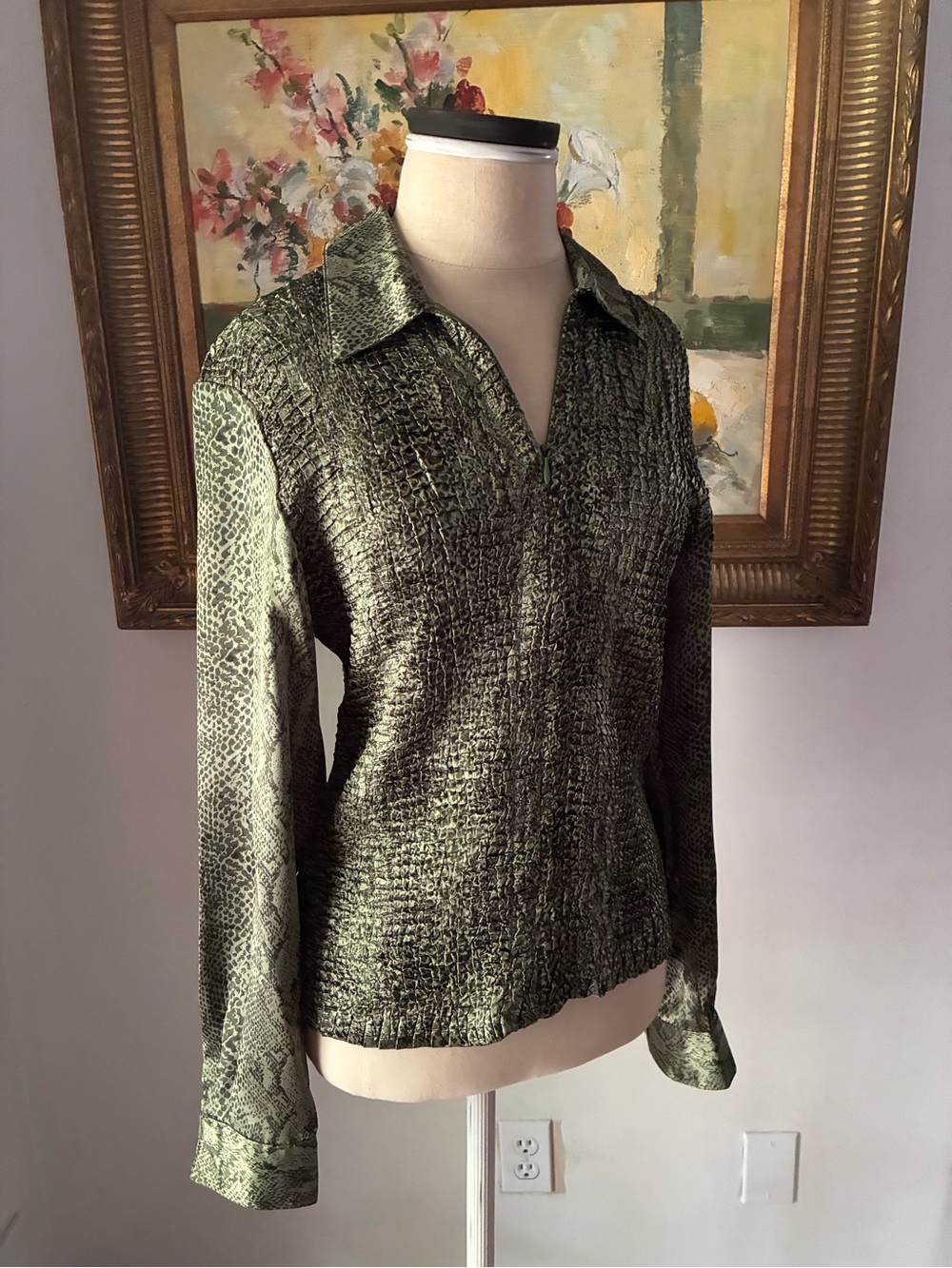 Y2K Snakeskin Print Green Satin Blouse Office Wear Size Large